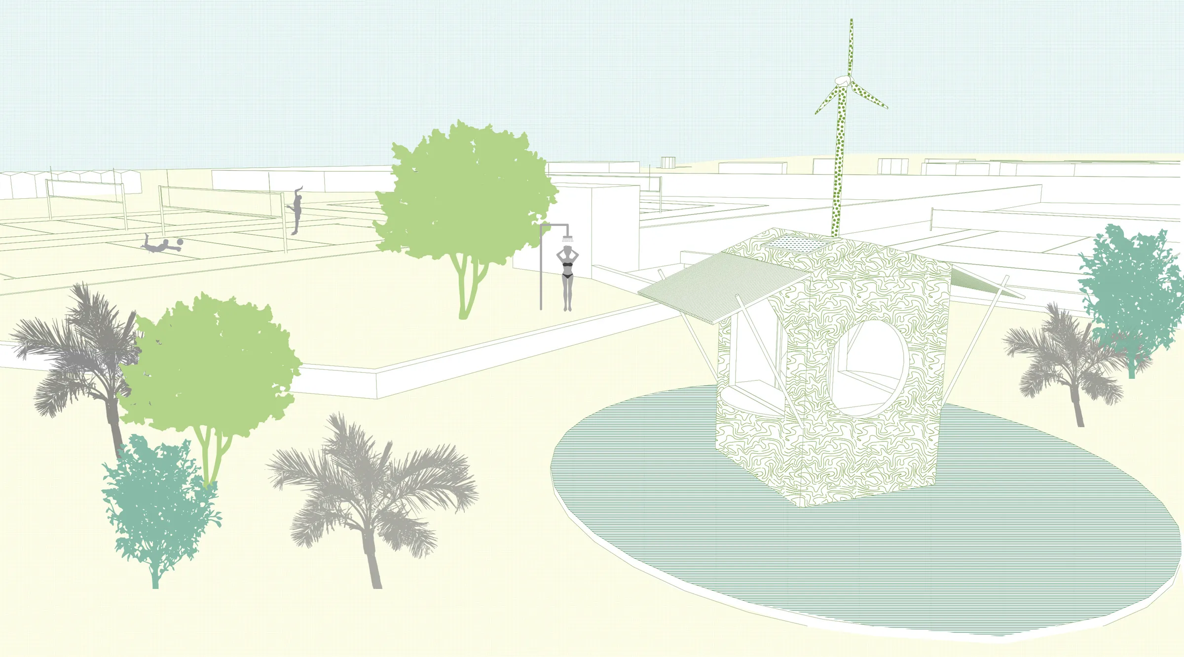 Vista di progetto dell’Ecobar tra vegetazione, campi sportivi e turbina eolica