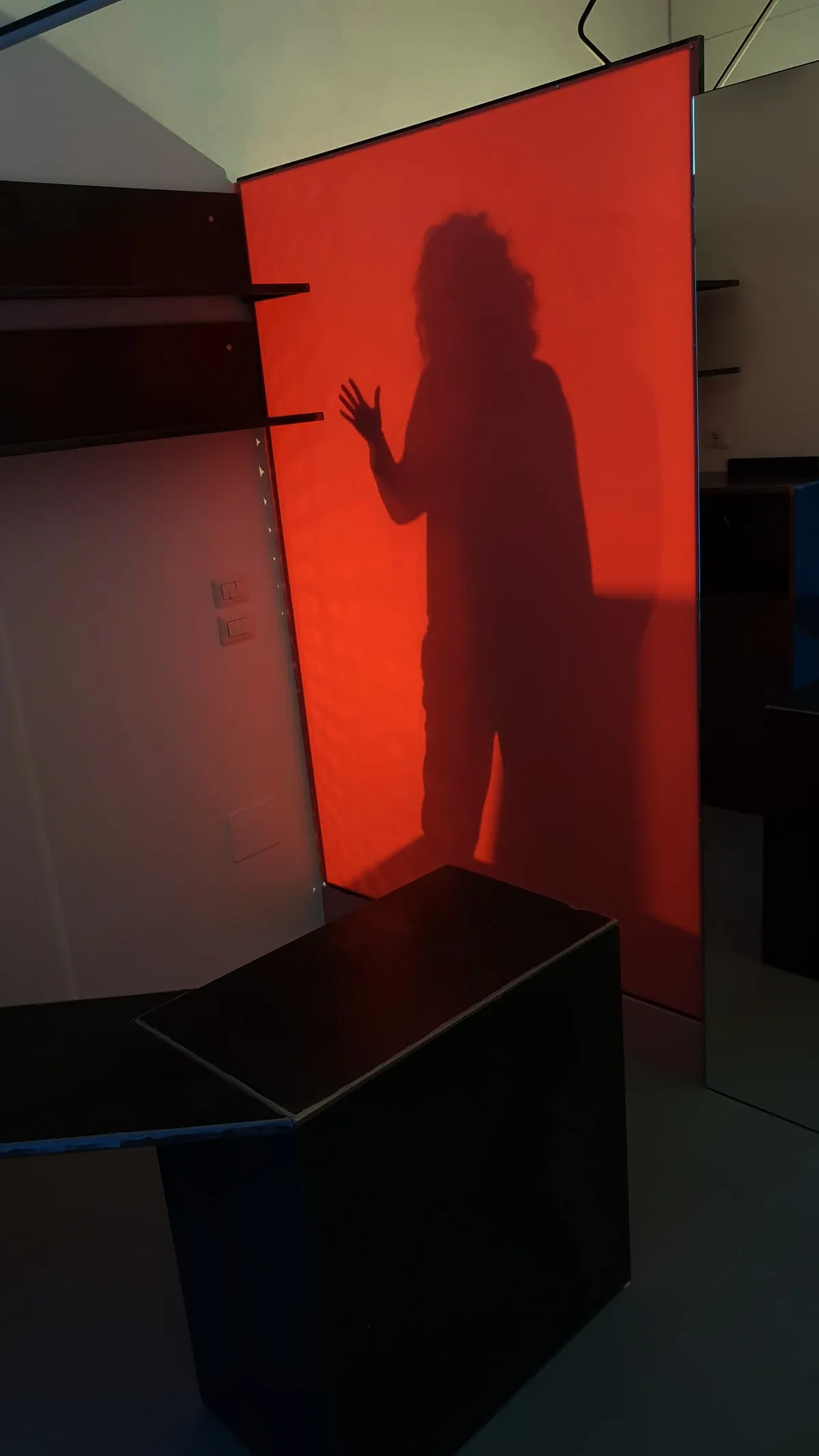 Ombra proiettata sulla parete rossa di MASCROOM