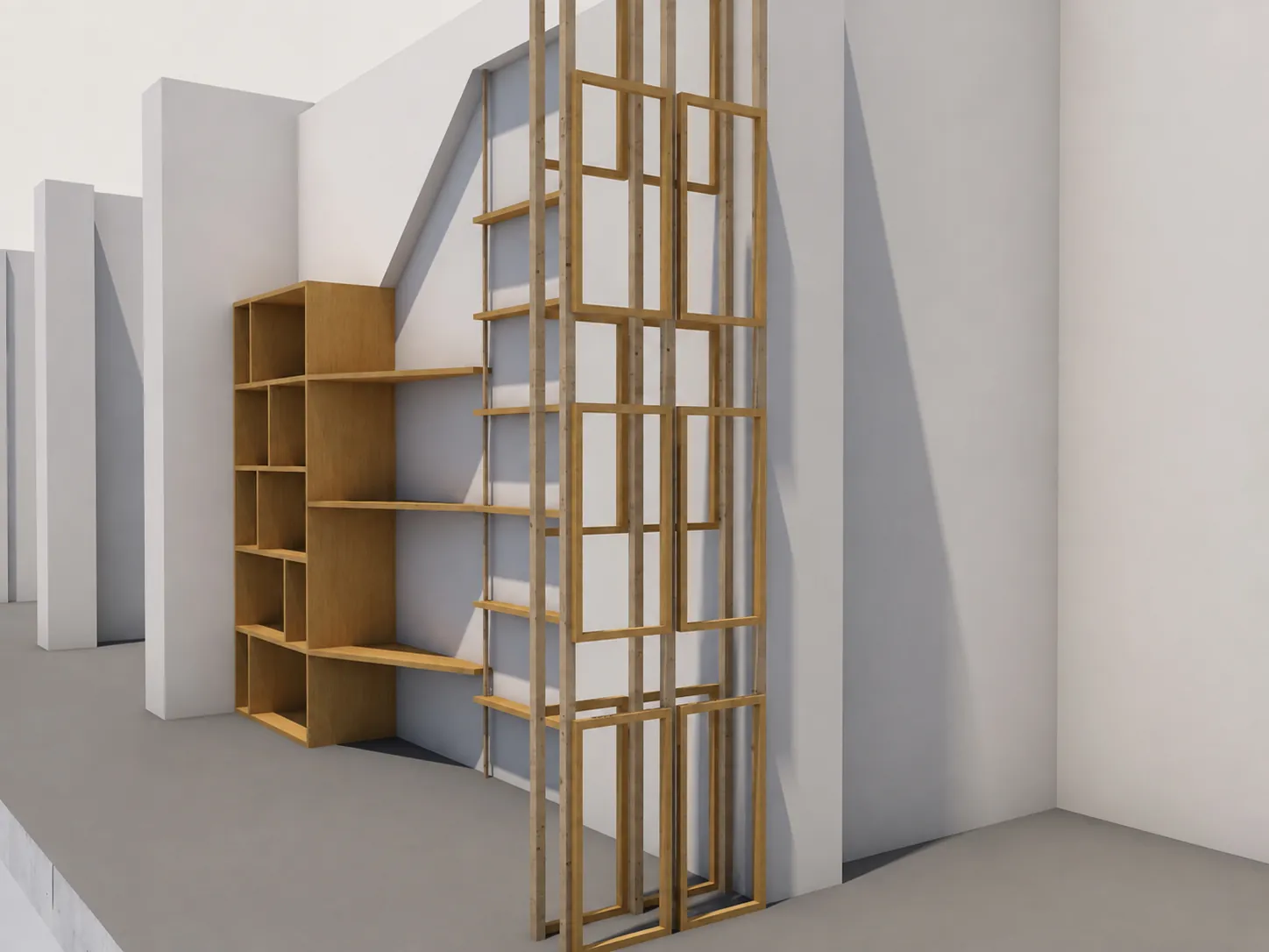 Render prospettico della libreria e della struttura lignea