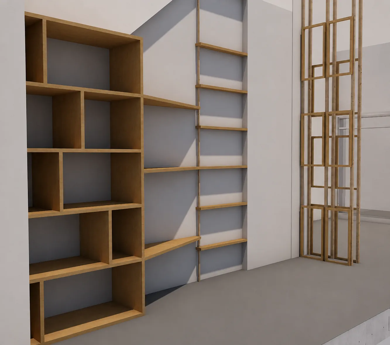 Render laterale della Microlibreria e della griglia lignea