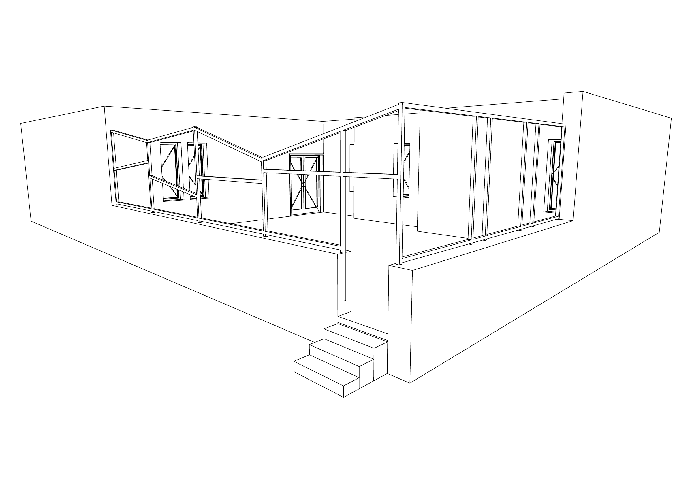 Disegno prospettico della struttura con ingresso e scala